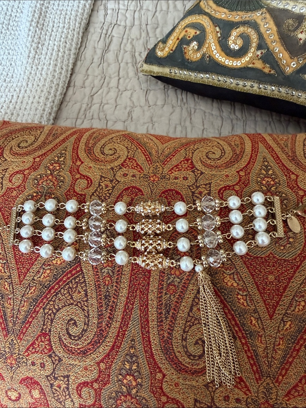 Crystal and white pearl chain multi four bracelet